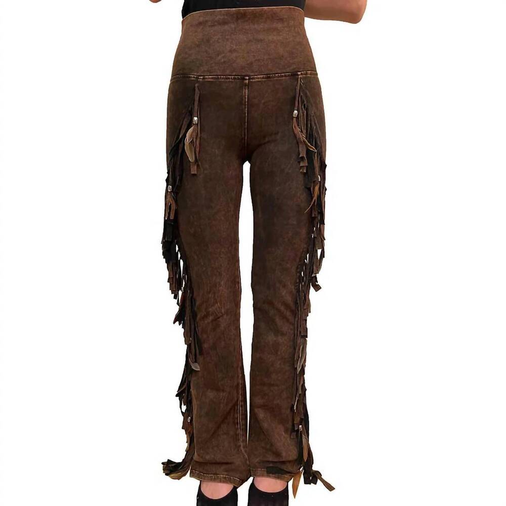 NEW PAT DAHNKE chap full fringe and feathers pants in brown